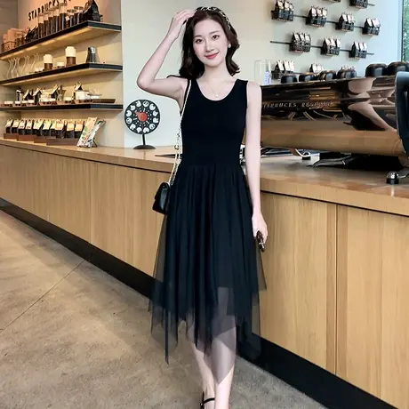 黑色连衣裙女2025早春新款气质内搭法式吊带裙背心不规则网纱裙子图片