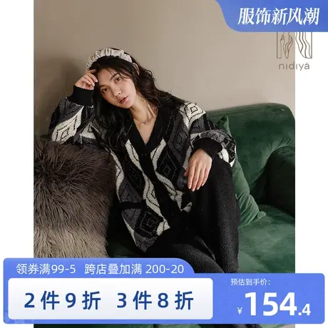妮狄娅长袖睡衣女秋冬季半边绒长袖开衫复古格子可外穿家居服套装商品大图