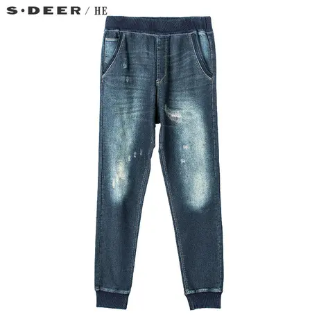 S.Deer/He圣迪奥男装休闲磨白水洗时尚拼接长款牛仔裤H15470805图片