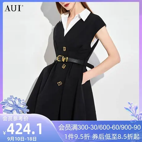 AUI黑色设计感假两件衬衫连衣裙女2023夏新款职业通勤修身中长裙图片