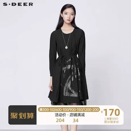 sdeer圣迪奥女装时尚圆领撞色印花网纱拼接长袖连衣裙S21381213图片