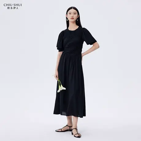 秋水伊人法式复古质感连衣裙2025年夏季商场同款女圆领显瘦中长裙图片