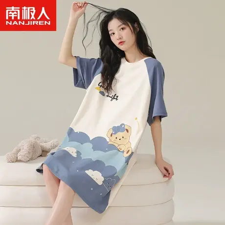 睡裙夏季女纯棉短袖中长款2023年新款睡衣女清爽蓝色系卡通家居服图片