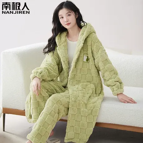 珊瑚绒睡衣女款冬季新款法兰绒加绒加厚秋冬款果绿家居服睡袍冬天图片