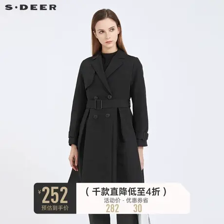sdeer圣迪奥秋装西装领双排扣收腰中长款风衣女S21181803图片