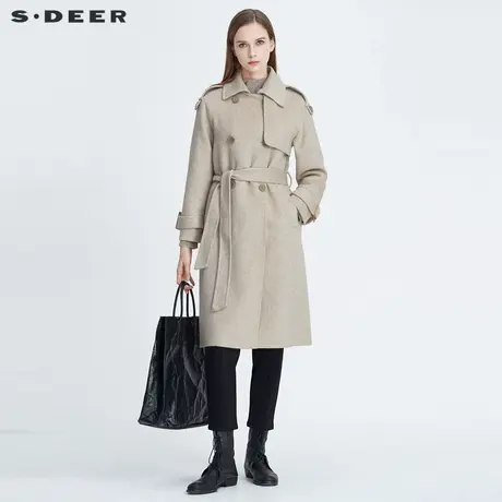 【直播间专属】sdeer圣迪奥休闲翻领双排扣收腰毛呢大衣S20481842图片