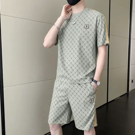 睡衣男士夏季冰丝凉感T恤短裤套装男士大牌风轻奢可外穿家居服夏图片