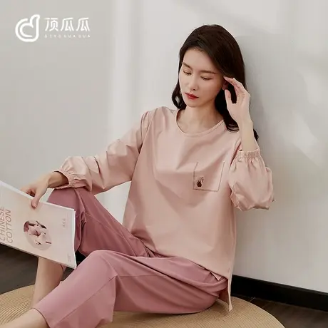 【软柔】顶呱呱灯笼袖纯棉睡衣女春秋 女士简约长袖家居服套装商品大图