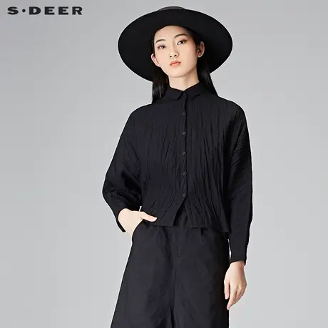 sdeer圣迪奥2019春装复古抓皱肌理翻领蝙蝠袖宽松衬衫女S18180515商品大图