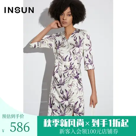 恩裳COVER2023春款新款醋酸印花光泽感法式斜门襟直身收腰连衣裙图片