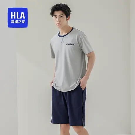 HLA/海澜之家男圆领夏季凉感家居服棉氨可撕领标外穿短袖短裤睡衣图片