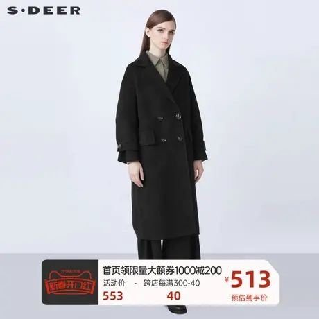 sdeer圣迪奥女装休闲西装领双排扣暗格纹毛呢大衣S21461807商品大图