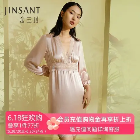 金三塔真丝睡裙女长袖镂空蕾丝拼接春夏新品美背V领性感睡衣图片