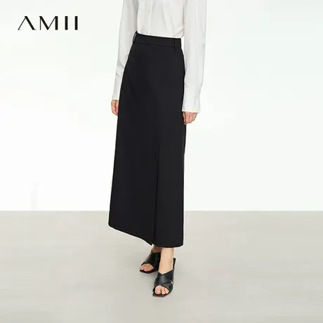 Amii极简半身裙女2025夏季新款长款通勤A字裙高开叉羊毛黑色裙子图片