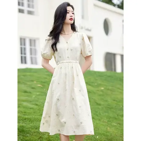 时尚气质碎花短袖连衣裙2023年夏季新款淑女温柔显瘦中长款裙子图片