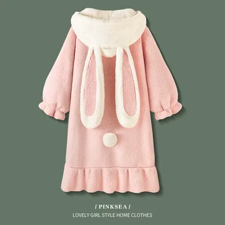 【设计师款】睡衣女秋冬款加厚珊瑚绒长款睡袍可外穿小奶兔家居服图片