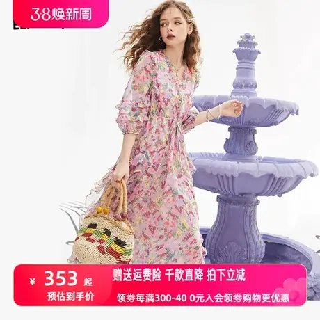 妖精的口袋雪纺碎花连衣裙女2023夏季新款长裙v领a字高级感度假风图片