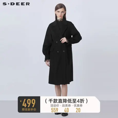 sdeer圣迪奥秋冬翻领双排扣泡泡袖长款毛呢大衣S21461827图片