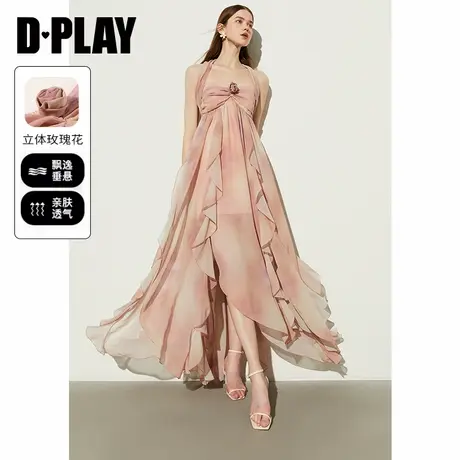 DPLAY【黑标】夏海边度假挂脖粉色胸口立体玫瑰花长裙沙滩连衣裙图片