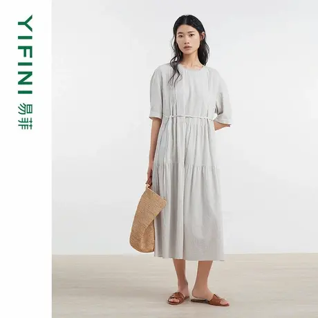 [专柜同款]Yifini/易菲木棉麻条纹印花宽松文艺连衣裙女D04Y1032图片