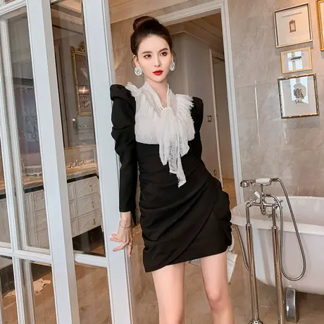 法式撞色拼接包臀连衣裙名媛宴会气质小礼服设计感小众女神范裙子图片