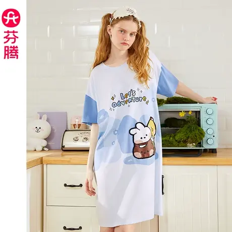 芬腾布朗熊睡裙女纯棉短袖薄款夏季卡通睡衣宽松家居服连衣裙短裙图片