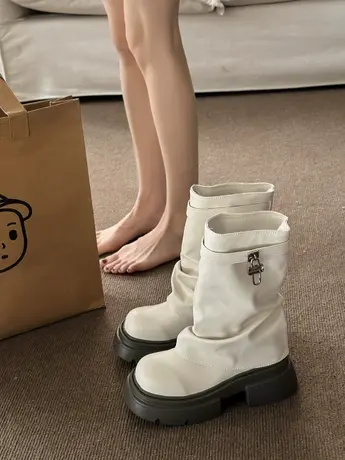 厚底短筒靴女2023秋冬新款网红复古百搭堆堆裤管靴白色中筒靴子图片