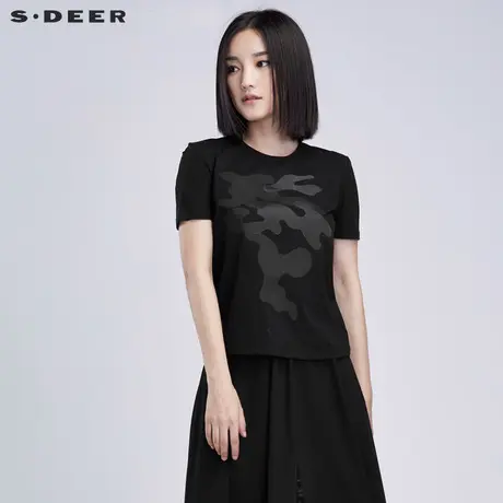 sdeer圣迪奥女装2017秋装黑色纯棉修身显瘦贴片短袖T恤S16380142商品大图