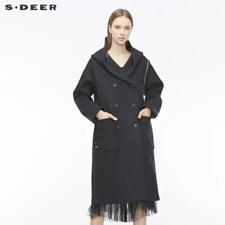 sdeer圣迪奥冬季女装连帽双排扣拉链拼接字母黑色大衣S19481837图片