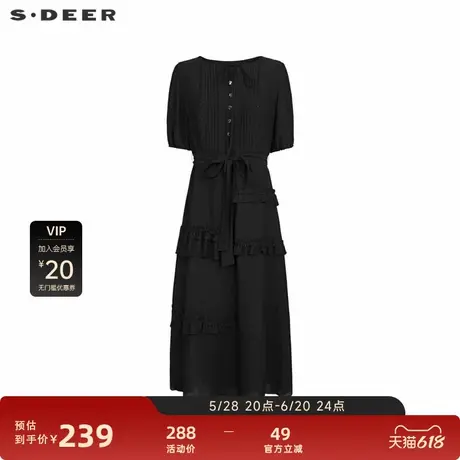 sdeer圣迪奥女装系带圆领风琴褶收腰花边连衣裙S242Z1210图片