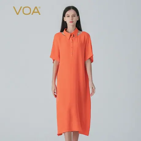 VOA30姆米重磅桑蚕丝橙红色POLO领蝙蝠袖活页中长款真丝连衣裙图片