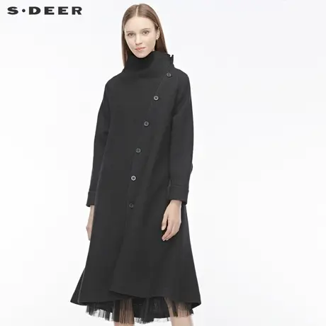sdeer圣迪奥女冬休闲高领斜襟不规则插肩袖纯黑大衣S19481809图片