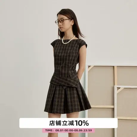 omont蛋挞家 复古格纹一字领连衣裙夏季设计感收腰显瘦百褶裙短裙图片