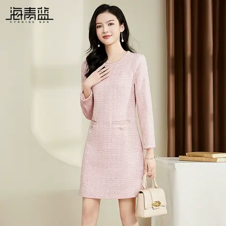 海青蓝气质小香风连衣裙女秋冬新款高级感粗花呢小众好看长袖裙子图片