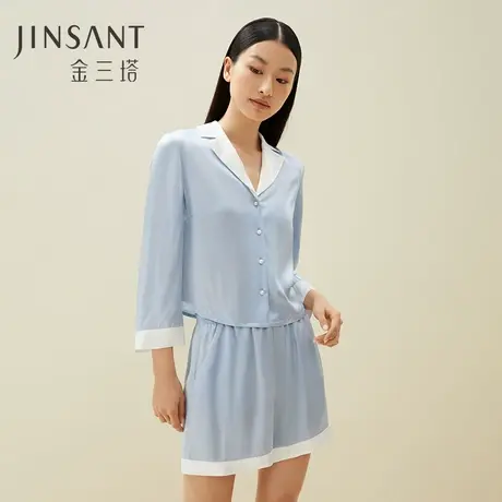 珍珠扣】100%桑蚕丝时尚撞色可外穿真丝家居服睡衣套装女金三塔图片