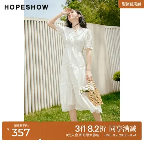 红袖outlets泡泡袖连衣裙hopeshow2023夏季新款花边收腰V领裙子女图片