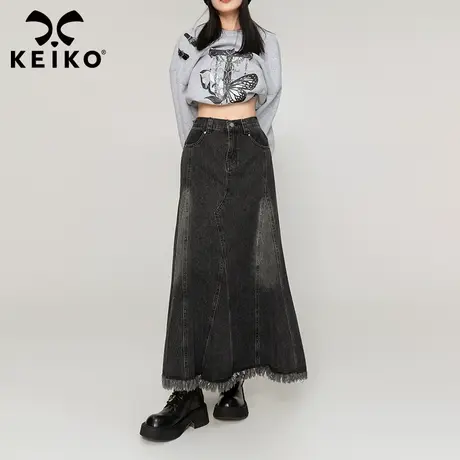 KEIKO [立体剪裁] 显瘦黑色牛仔半身裙秋冬复古流苏摆高腰A字长裙图片