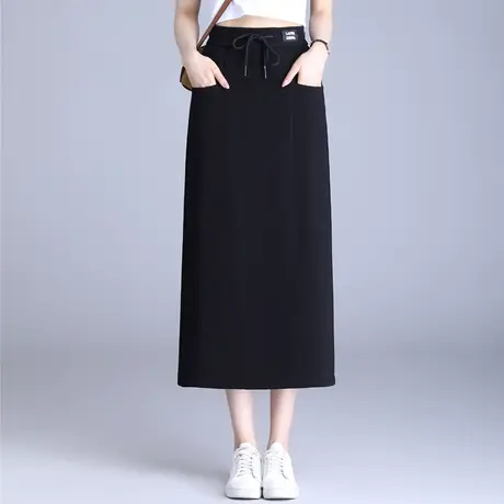 黑色显瘦直筒裙半身裙女春季2024新款高腰休闲开叉一步裙中长裙子图片