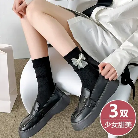 黑色袜子女日系甜美可爱蝴蝶结中长筒棉袜少女学生配小皮鞋乐福鞋图片