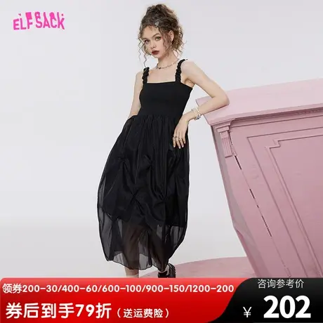 妖精的口袋拼接网纱黑色吊带连衣裙女2023秋季新款雪纺显瘦高级感图片