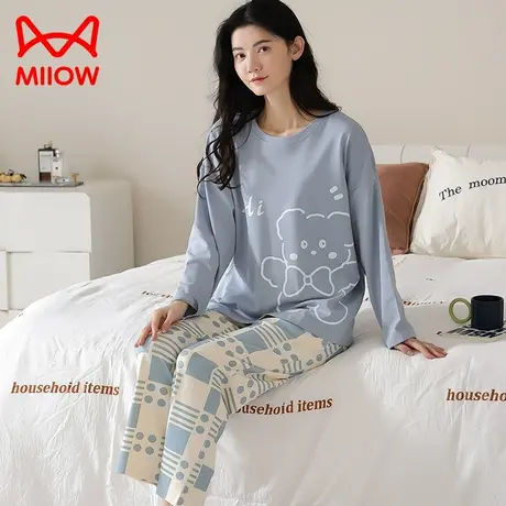 MiiOW/猫人纯棉睡衣女春秋季带胸垫长袖2023新款可外穿家居服套装图片