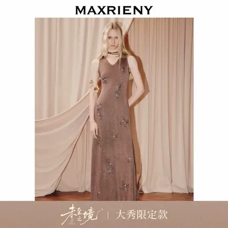 【限定限量】MAXRIENY法式复古无袖连衣裙25秋款v领x型收腰长裙图片