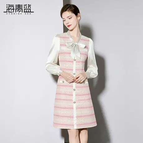 海青蓝 秋季连衣裙2025年新款小香蝴蝶结领长袖女装中长款裙子图片