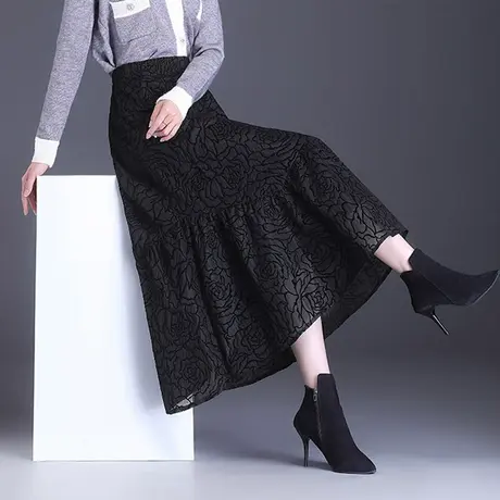 玫瑰花植绒长裙a字裙女春秋2023新款松紧腰半身裙中长显瘦休闲裙图片