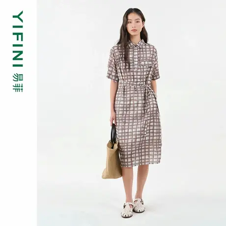 [专柜同款]Yifini/易菲格纹印花衬衫裙收腰气质休闲短袖连衣裙图片
