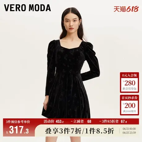 Vero Moda奥莱连衣裙秋冬新款丝绒玫瑰钉珠方领精致优雅短裙子图片