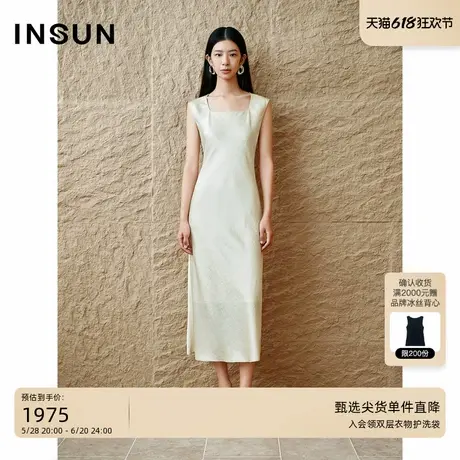 INSUN恩裳秋季方领奶油白三醋酸无袖连衣裙图片