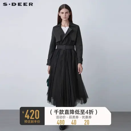 sdeer圣迪奥女装春秋休闲翻领网纱拼接收腰长款外套风衣S21181819图片