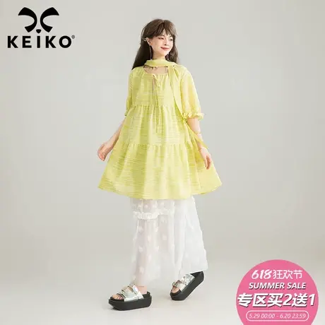 KEIKO 明媚感黄色圆领泡泡袖连衣裙夏多巴胺系带小个子宽松娃娃裙图片