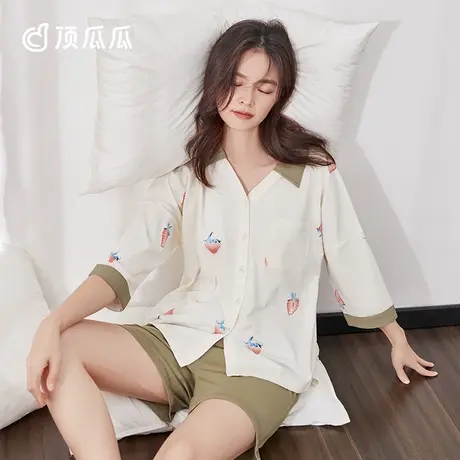 顶呱呱 渐变草莓印花睡衣女夏款 可外穿撞色翻领长袖短裤家居服商品大图